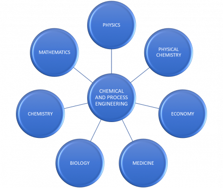 Graph presents the disciplines which cooperate with chemical and process engineering. Names of disciplines surround the chemical and process engineering, which is in the center of the graph. Disciplines include: physics, physical chemistry, economy, medicine, biology, chemistry, mathematics.