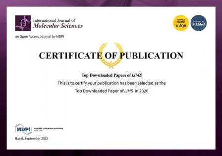Picture presents the Certificate of Publication with the text: Top Downloaded Paper of IJMS. This is to cerify your publication has been selected as the top downloaded paper of IJMS in 2020