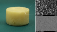 The image is a collage consisting of three photos. The image on the left shows a silicon-organic HIPE aerogel, which is shaped like a thick porous disc. On the top right is an electron microscope image showing the high porosity of the aerogel. On the bottom right is another electron microscope image of the aerogel showing the non-porous area. The images indicate the hierarchical nature of the porosity.