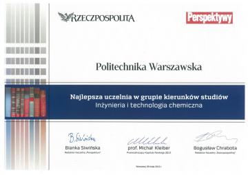 PW – Najlepsza uczelnia w grupie kierunków studiów Inżynieria i technologia chemiczna