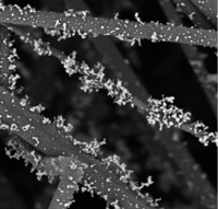 Obraz z mikroskopu elektronowego filtra włókninowego z fraktalnymi depozytami krzemionki odseparowanej z powietrza. Czarne obszary obrazu to przestrzeń między włóknami, ciemnoszare obszary to włókna filtra, a jasnoszare obszary to zdeponowane cząstki fraktalne na powierzchni włókien.